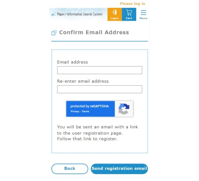 New user registration screen (Confirm email address)